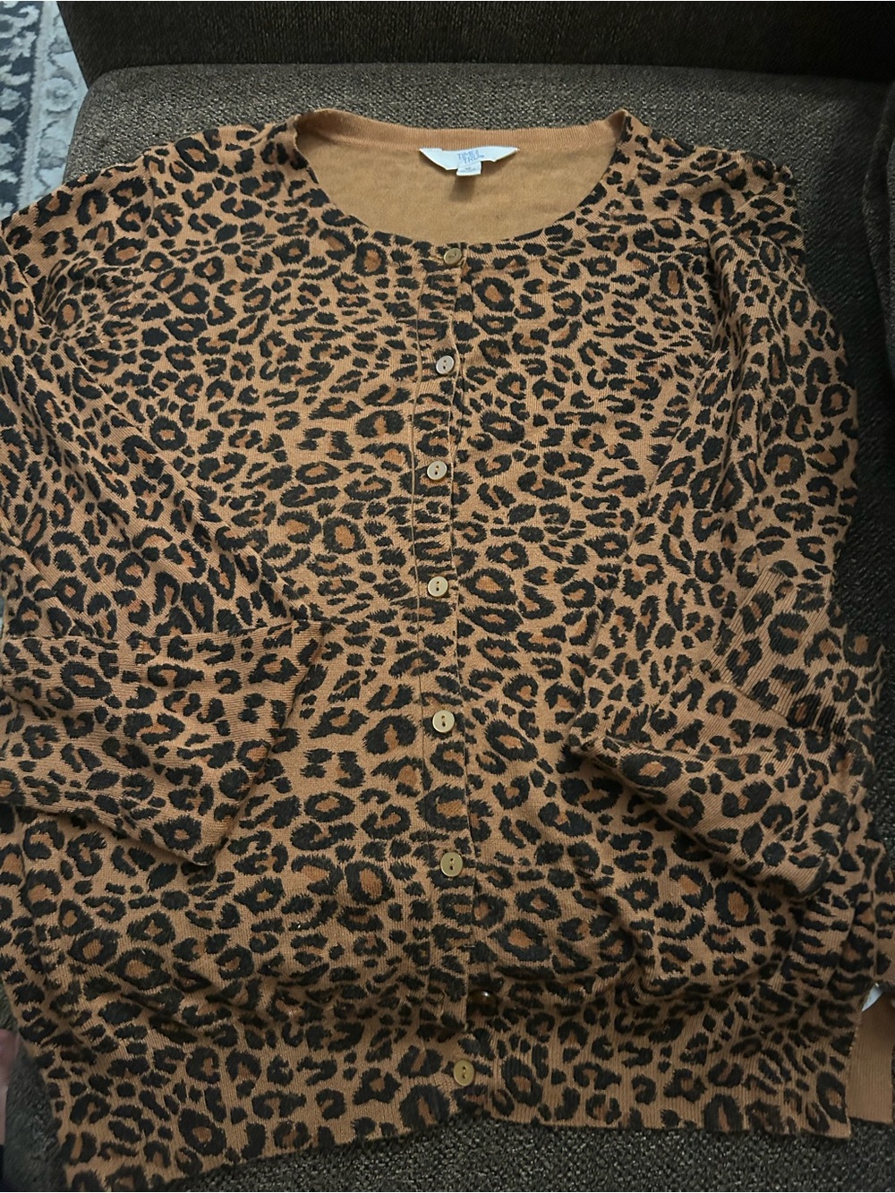 Time and Tru Leopard-Print Button Cardigan in Tan and Black